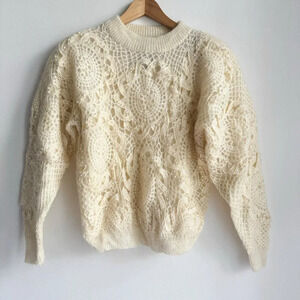 Vintage Work in Progress By Gladys Bagley Ivory Crochet Beaded Pullover S